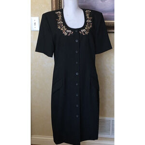 VTG Liz Claiborne Black Polyester Button-Up Dress Size 12 Lined Embroidered